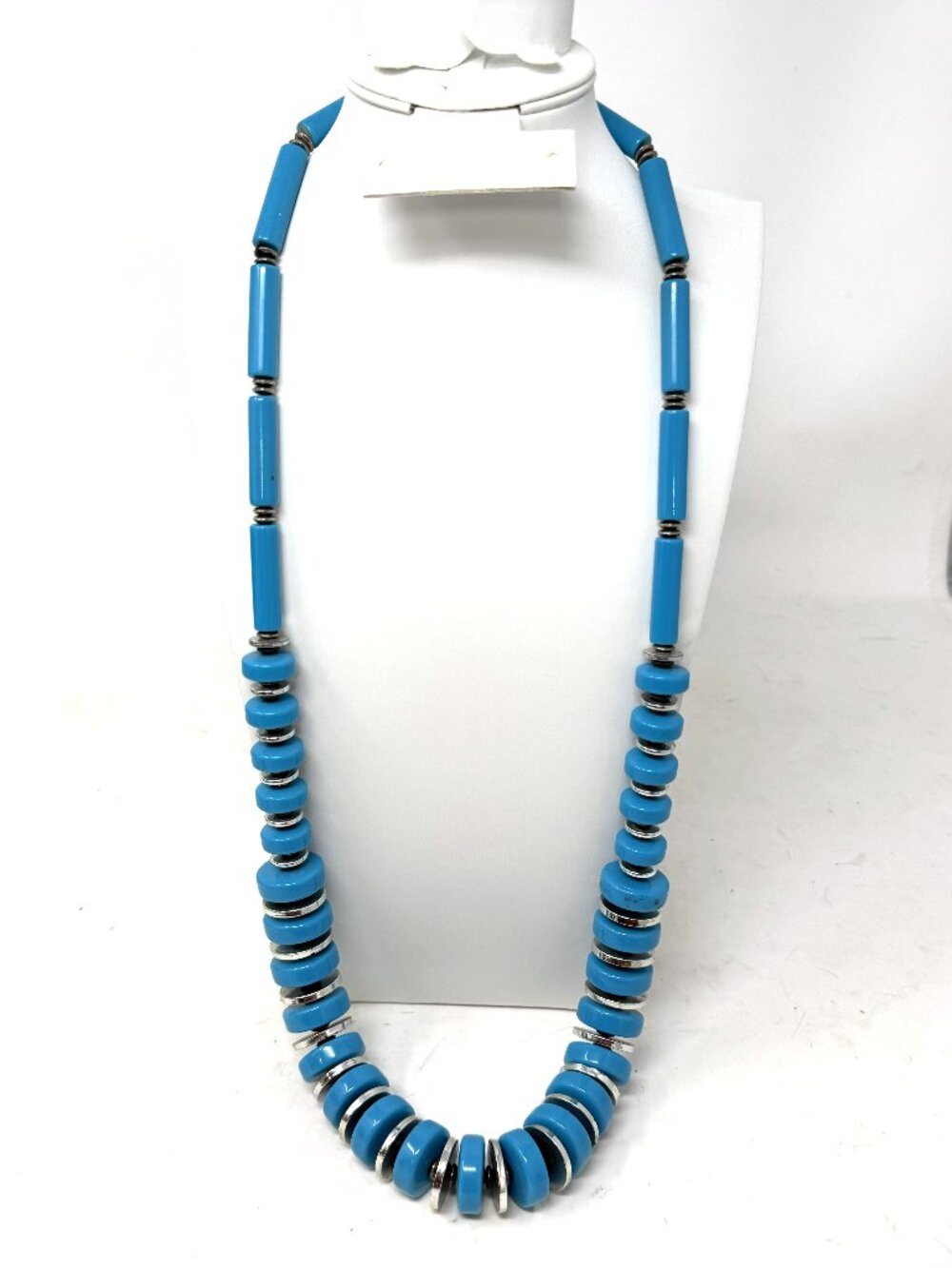 Vintage Southwest Style Necklace 30” Turquoise-Blue Acrylic & Silver-Tone Beaded
